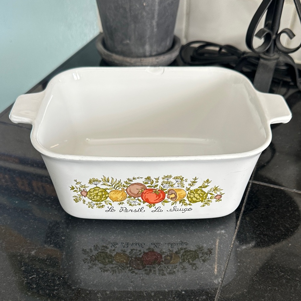 Vintage Corning ware White Baking Dish with Vegetable Motif